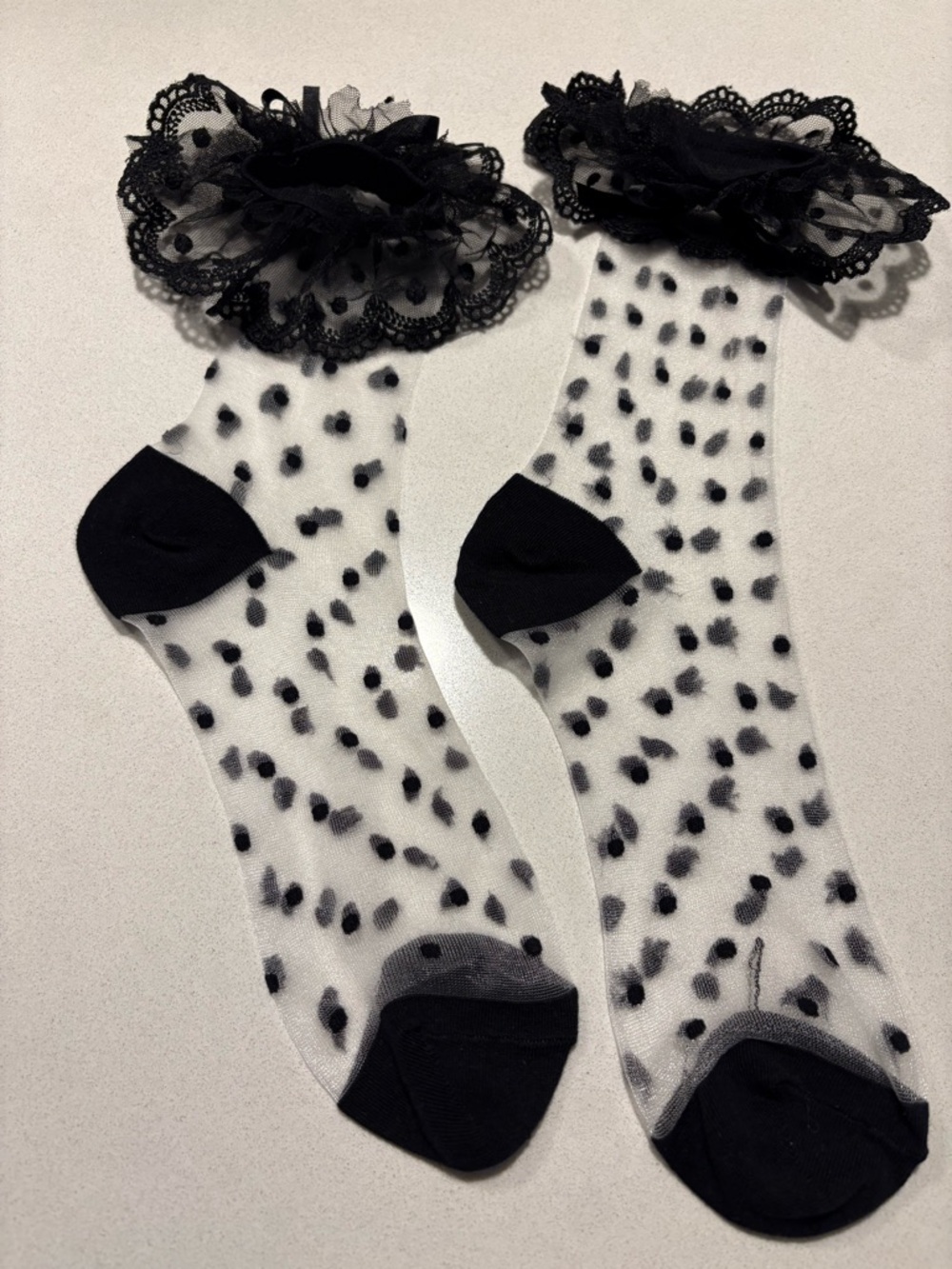 Black Polka Dot Sheer Ruffle Ankle Socks